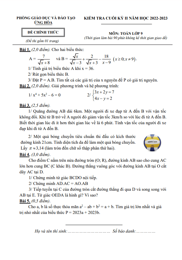 Đề cuối học kì 2 (HK2) lớp 9 môn Toán năm 2022 2023 phòng GD ĐT Ứng Hòa Hà Nội