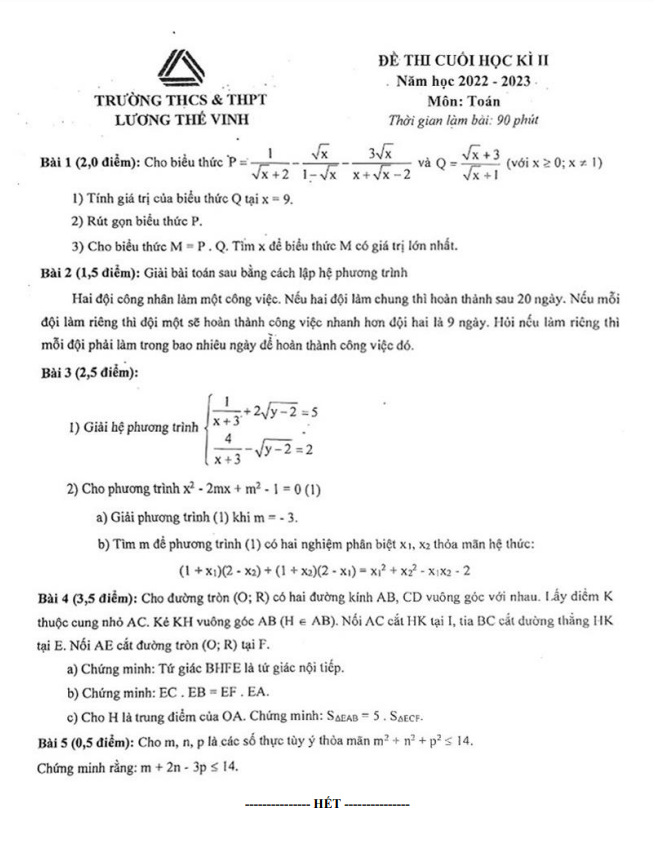 Đề cuối học kì 2 (HK2) lớp 9 môn Toán năm 2022 2023 trường Lương Thế Vinh Hà Nội