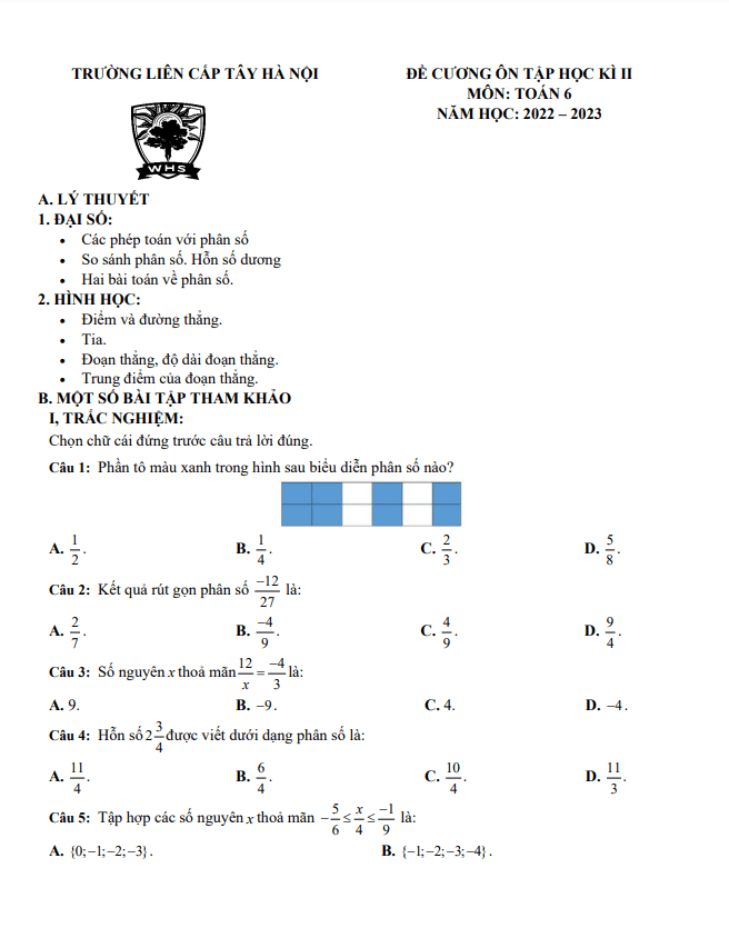 Đề cương giữa học kì 2 (HK2) lớp 6 môn Toán năm 2022 2023 trường TH THCS Tây Hà Nội