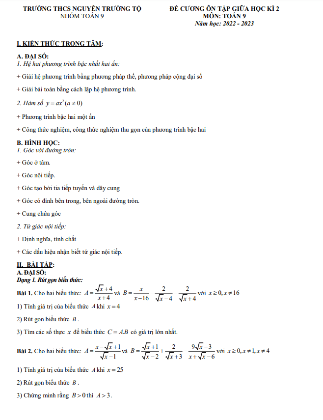 Đề cương giữa học kì 2 (HK2) lớp 9 môn Toán năm 2022 2023 trường THCS Nguyễn Trường Tộ Hà Nội
