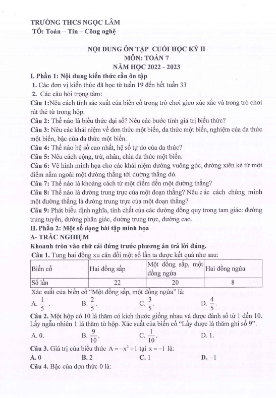 Đề cương ôn tập cuối học kì 2 (HK2) lớp 7 môn Toán năm 2022 2023 trường THCS Ngọc Lâm Hà Nội