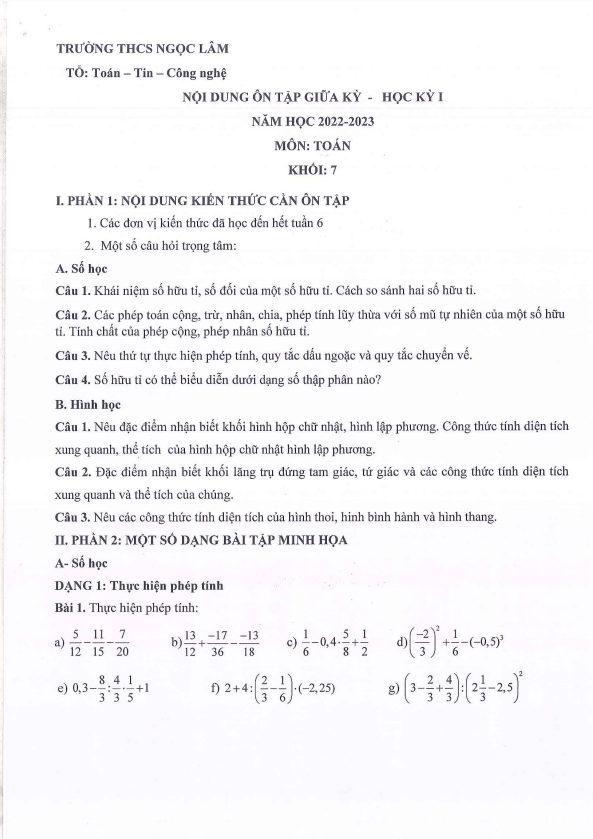 Đề cương ôn tập giữa học kì 1 (HK1) lớp 7 môn Toán năm 2022 2023 trường THCS Ngọc Lâm Hà Nội