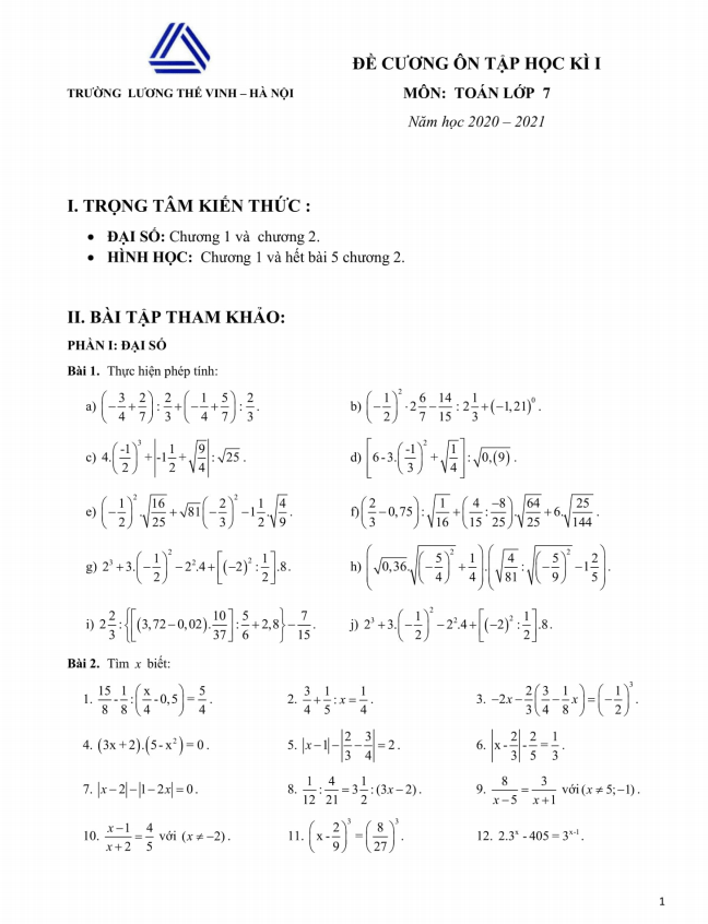 Đề cương ôn tập học kì 1 (HK1) lớp 7 môn Toán năm 2020 2021 trường Lương Thế Vinh Hà Nội
