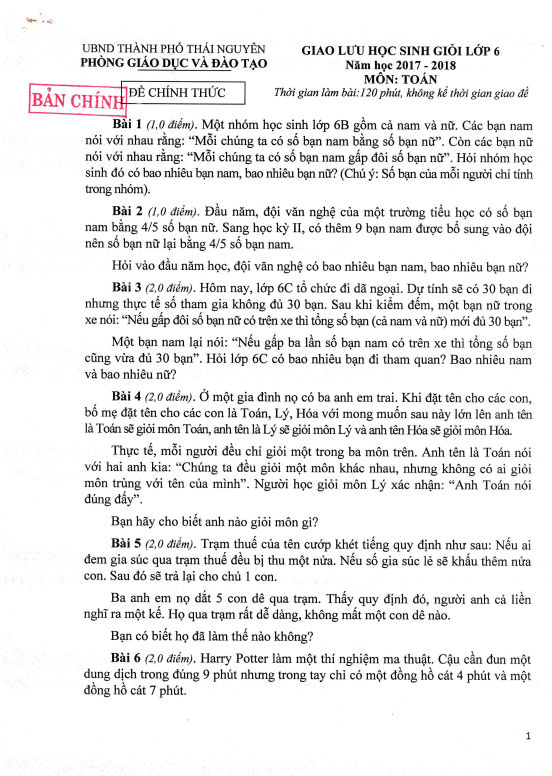 Đề giao lưu học sinh giỏi lớp 6 môn Toán năm 2017 2018 phòng GD ĐT thành phố Thái Nguyên