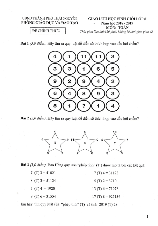 Đề giao lưu học sinh giỏi lớp 6 môn Toán năm 2018 2019 phòng GD ĐT thành phố Thái Nguyên