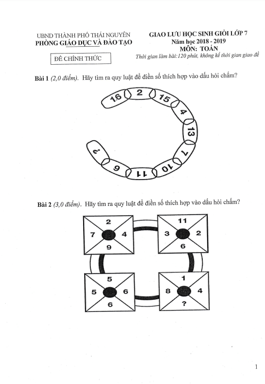 Đề giao lưu học sinh giỏi lớp 7 môn Toán năm 2018 2019 phòng GD ĐT thành phố Thái Nguyên