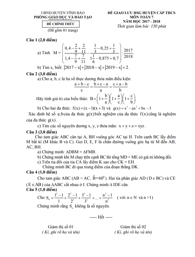 Đề giao lưu HSG lớp 7 môn Toán năm 2017 2018 phòng GD ĐT Vĩnh Bảo Hải Phòng