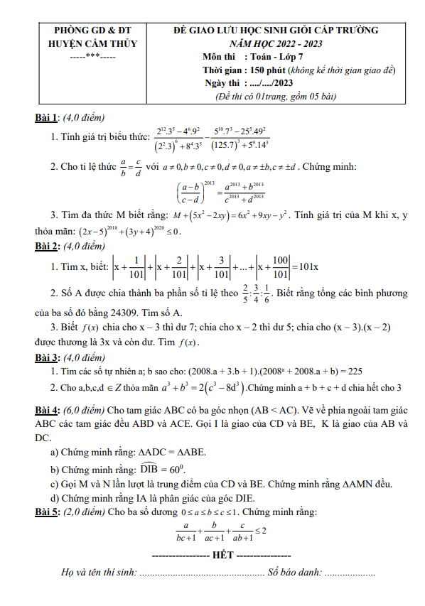 Đề giao lưu HSG lớp 7 môn Toán năm 2022 2023 phòng GD ĐT Cẩm Thủy Thanh Hoá