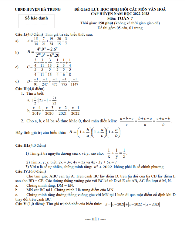 Đề giao lưu HSG lớp 7 môn Toán năm 2022 2023 phòng GD ĐT Hà Trung Thanh Hóa