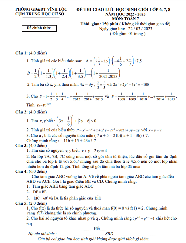 Đề giao lưu HSG lớp 7 môn Toán năm 2022 2023 phòng GD ĐT Vĩnh Lộc Thanh Hóa