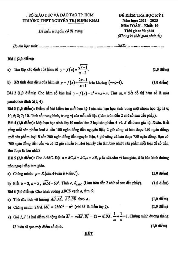 Đề học kì 1 (HK1) lớp 10 môn Toán năm 2022 2023 trường THPT Nguyễn Thị Minh Khai TP HCM