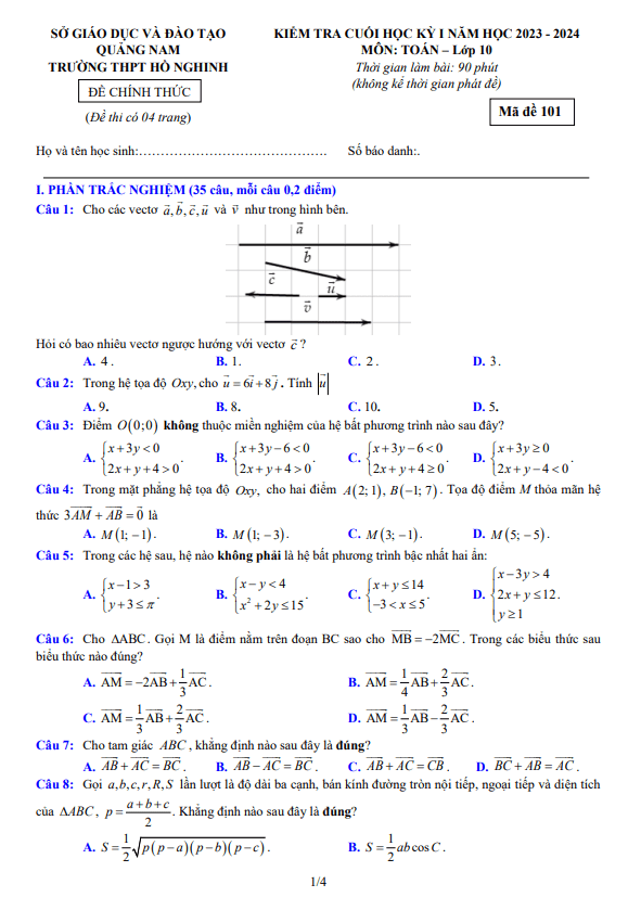 Đề học kì 1 (HK1) lớp 10 môn Toán năm 2023 2024 trường THPT Hồ Nghinh Quảng Nam