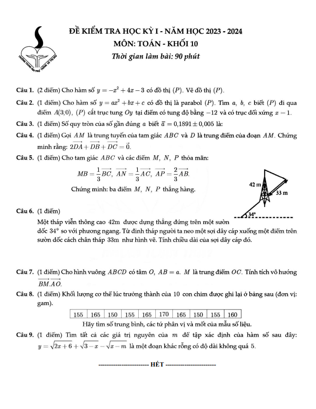 Đề học kì 1 (HK1) lớp 10 môn Toán năm 2023 2024 trường THPT Võ Thị Sáu TP HCM