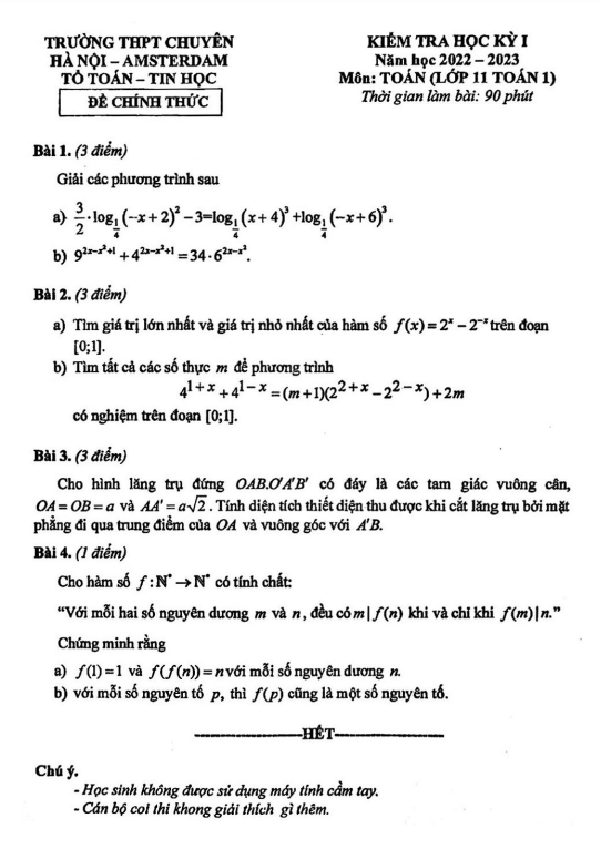 Đề học kì 1 (HK1) lớp 11 môn Toán (chuyên) năm 2022 2023 trường chuyên Hà Nội Amsterdam