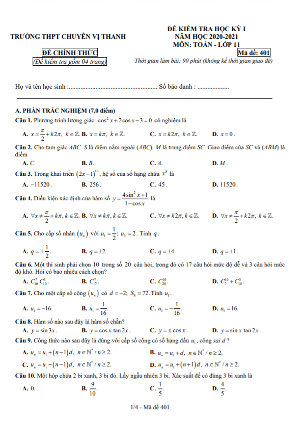 Đề học kì 1 (HK1) lớp 11 môn Toán năm 2020 2021 trường THPT chuyên Vị Thanh Hậu Giang