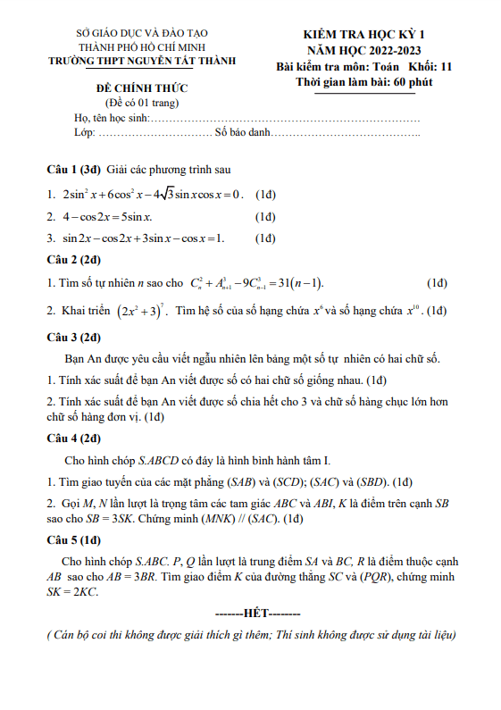 Đề học kì 1 (HK1) lớp 11 môn Toán năm 2022 2023 trường THPT Nguyễn Tất Thành TP HCM