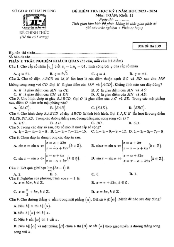Đề học kì 1 (HK1) lớp 11 môn Toán năm 2023 2024 trường chuyên Trần Phú Hải Phòng