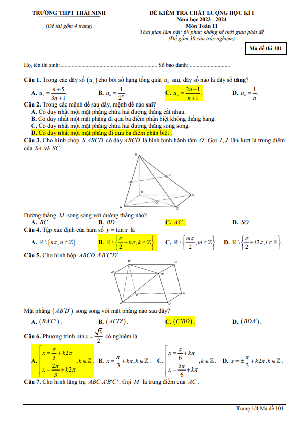Đề học kì 1 (HK1) lớp 11 môn Toán năm 2023 2024 trường THPT Thái Ninh Thái Bình