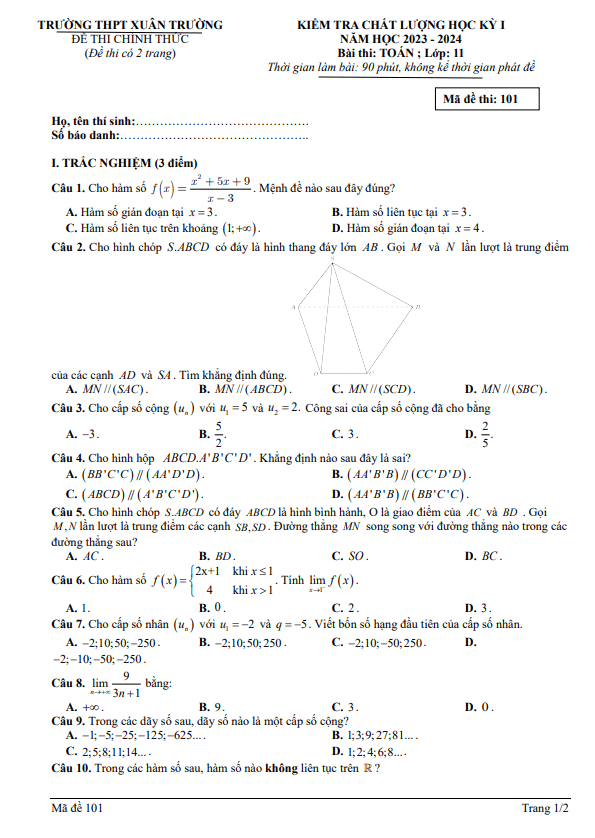 Đề học kì 1 (HK1) lớp 11 môn Toán năm 2023 2024 trường THPT Xuân Trường Nam Định