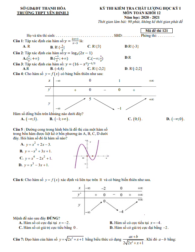 Đề học kì 1 (HK1) lớp 12 môn Toán năm 2020 2021 trường THPT Yên Định 3 Thanh Hóa