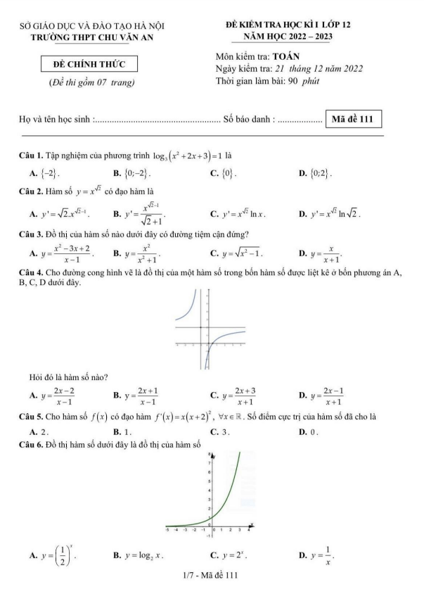 Đề học kì 1 (HK1) lớp 12 môn Toán năm 2022 2023 trường THPT Chu Văn An Hà Nội