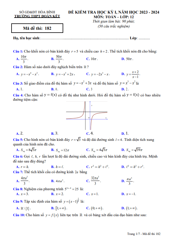 Đề học kì 1 (HK1) lớp 12 môn Toán năm 2023 2024 trường THPT Đoàn Kết Hòa Bình