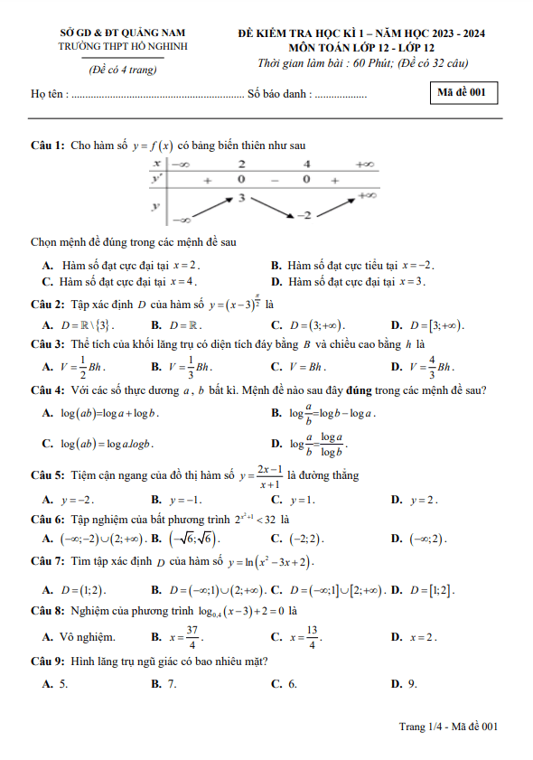 Đề học kì 1 (HK1) lớp 12 môn Toán năm 2023 2024 trường THPT Hồ Nghinh Quảng Nam