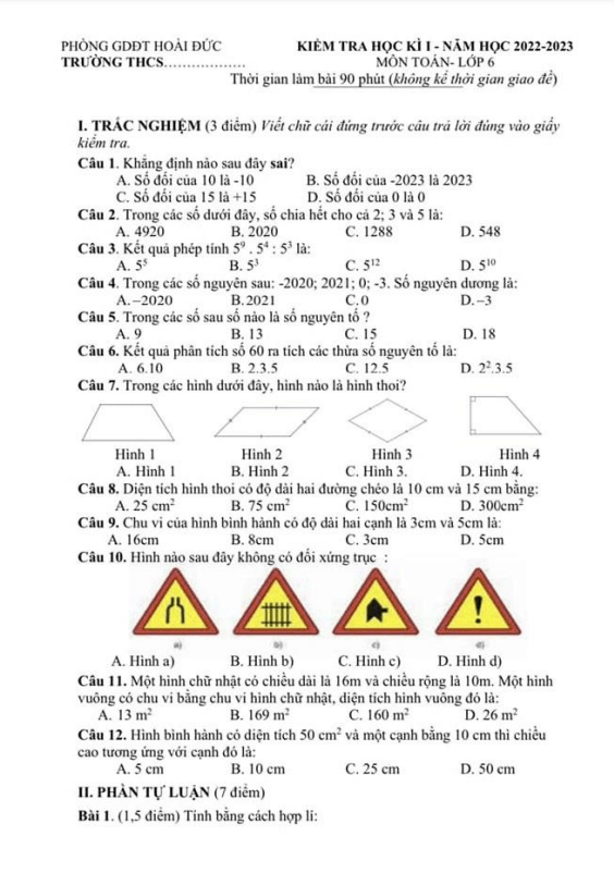 Đề học kì 1 (HK1) lớp 6 môn Toán năm 2022 2023 phòng GD ĐT Hoài Đức Hà Nội