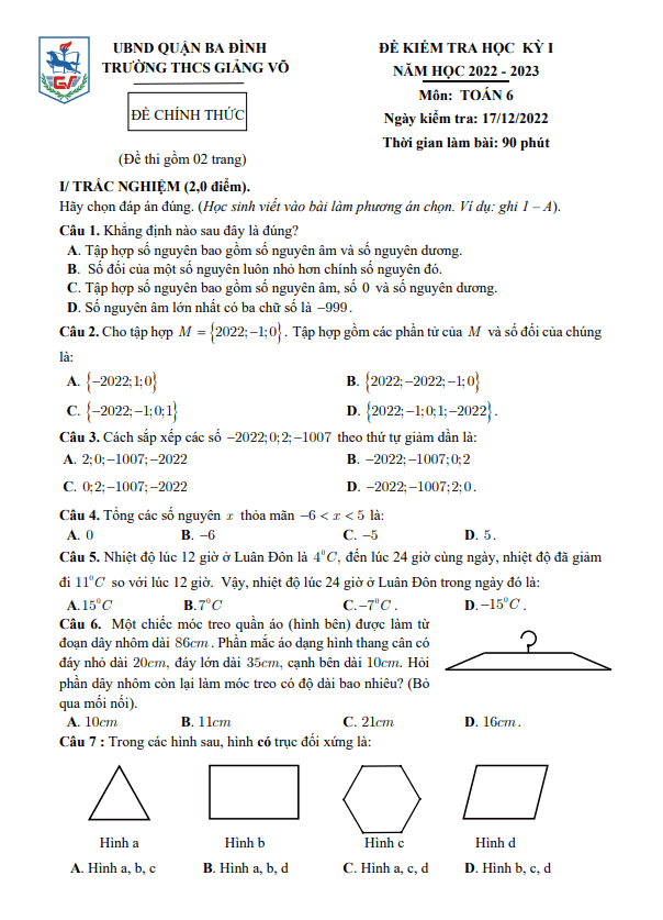 Đề học kì 1 (HK1) lớp 6 môn Toán năm 2022 2023 trường THCS Giảng Võ Hà Nội