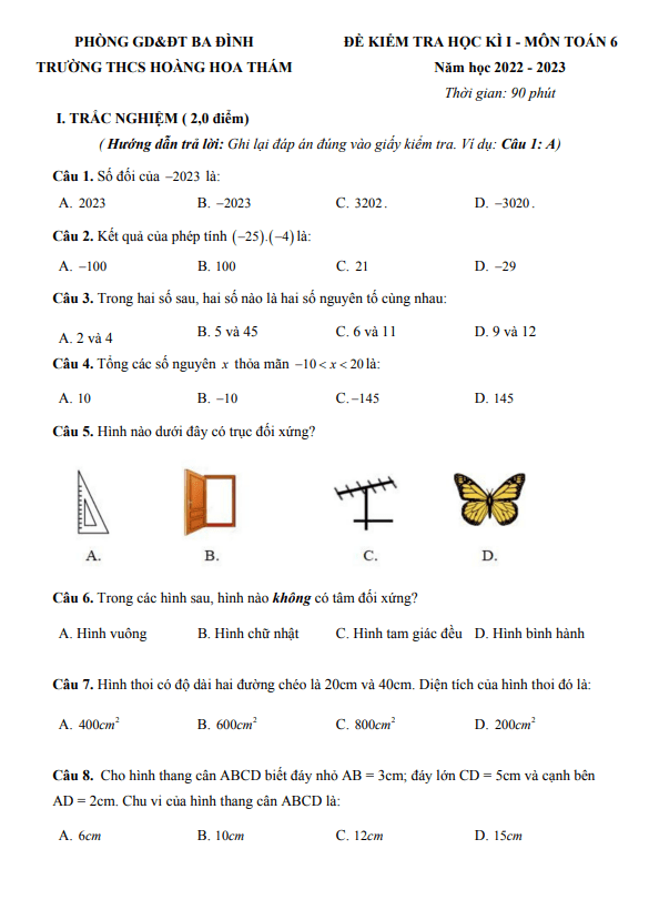 Đề học kì 1 (HK1) lớp 6 môn Toán năm 2022 2023 trường THCS Hoàng Hoa Thám Hà Nội