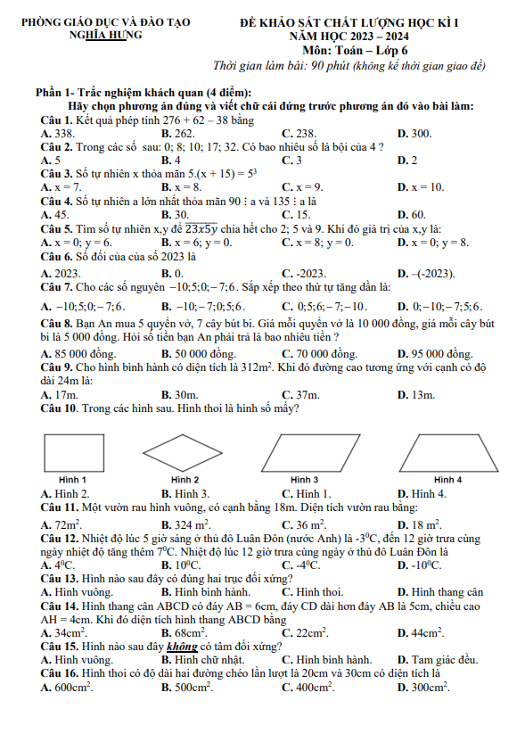 Đề học kì 1 (HK1) lớp 6 môn Toán năm 2023 2024 phòng GD ĐT Nghĩa Hưng Nam Định