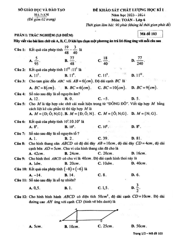 Đề học kì 1 (HK1) lớp 6 môn Toán năm 2023 2024 sở GD ĐT Hà Nam