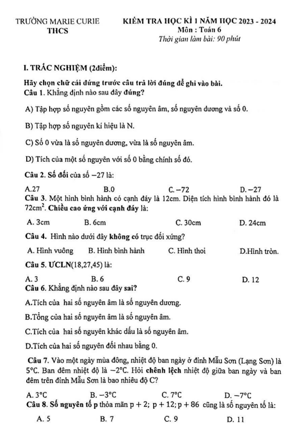 Đề học kì 1 (HK1) lớp 6 môn Toán năm 2023 2024 trường Marie Curie Hà Nội