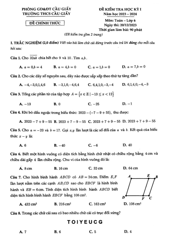 Đề học kì 1 (HK1) lớp 6 môn Toán năm 2023 2024 trường THCS Cầu Giấy Hà Nội