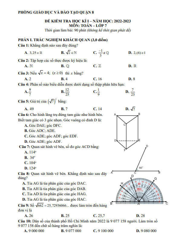 Đề học kì 1 (HK1) lớp 7 môn Toán năm 2022 2023 phòng GD ĐT quận 8 TP HCM