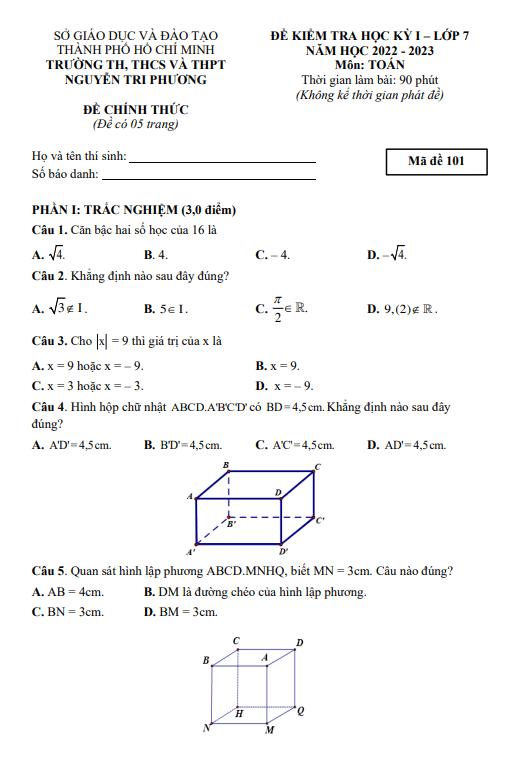 Đề học kì 1 (HK1) lớp 7 môn Toán năm 2022 2023 trường Nguyễn Tri Phương TP HCM