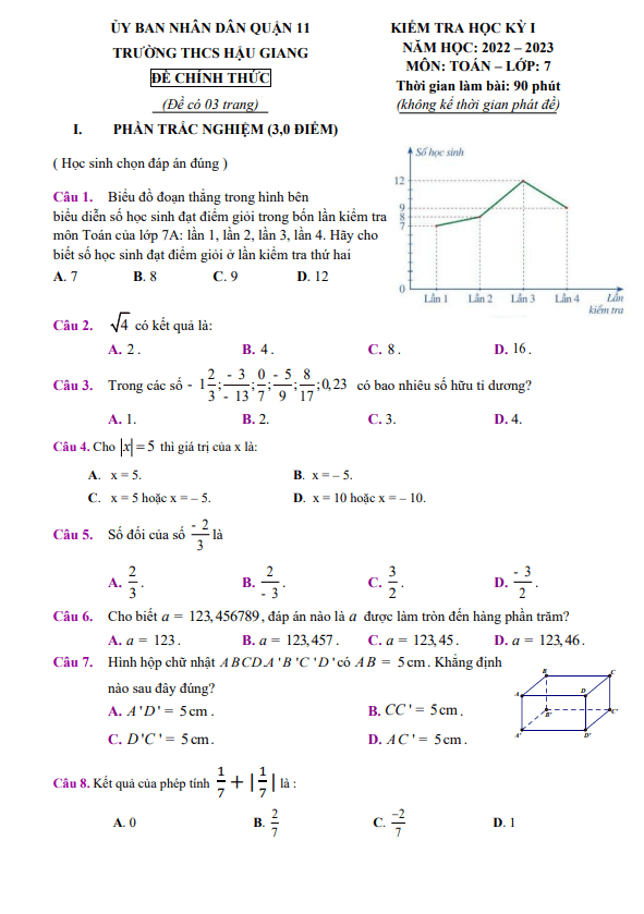 Đề học kì 1 (HK1) lớp 7 môn Toán năm 2022 2023 trường THCS Hậu Giang TP HCM