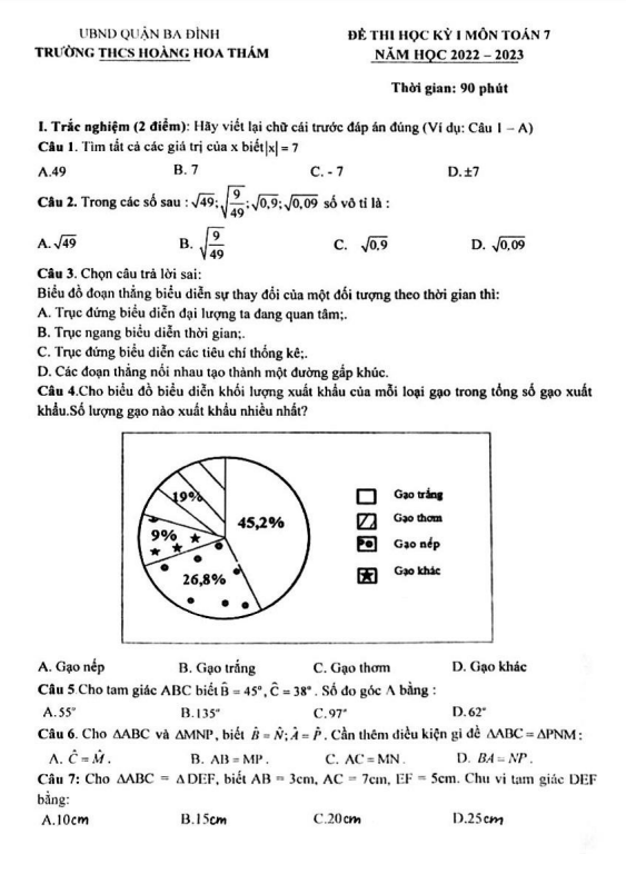 Đề học kì 1 (HK1) lớp 7 môn Toán năm 2022 2023 trường THCS Hoàng Hoa Thám Hà Nội