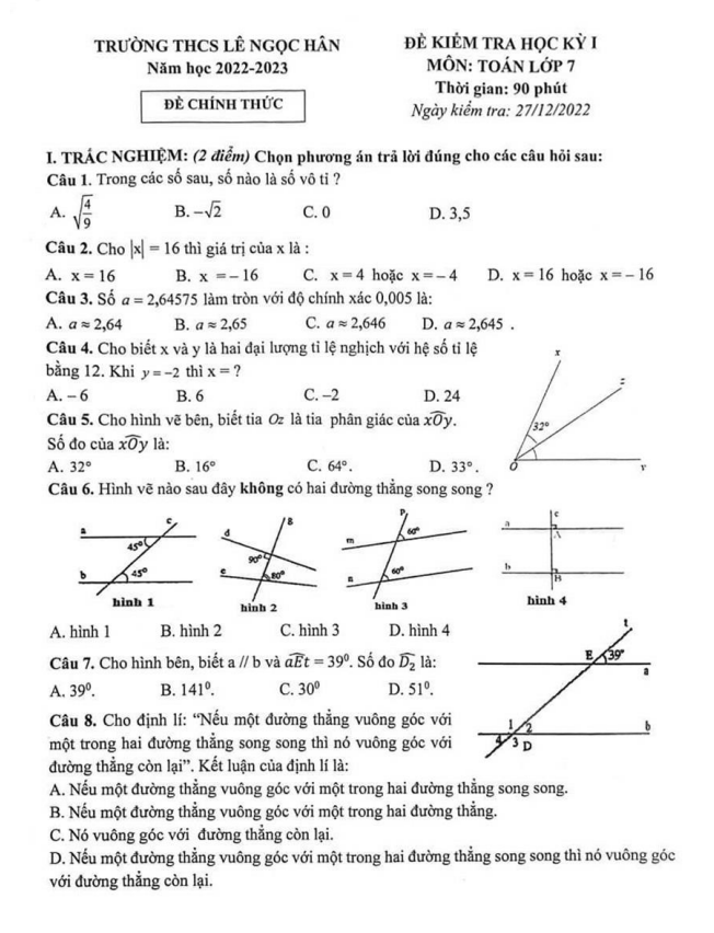 Đề học kì 1 (HK1) lớp 7 môn Toán năm 2022 2023 trường THCS Lê Ngọc Hân Hà Nội