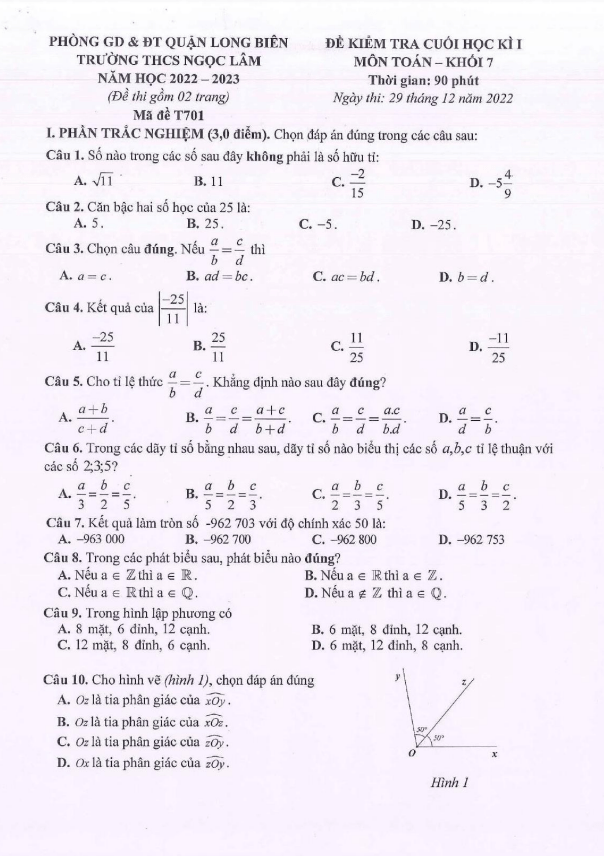 Đề học kì 1 (HK1) lớp 7 môn Toán năm 2022 2023 trường THCS Ngọc Lâm Hà Nội
