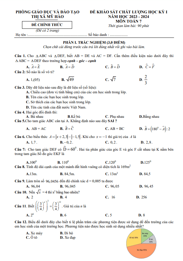 Đề học kì 1 (HK1) lớp 7 môn Toán năm 2023 2024 phòng GD ĐT Mỹ Hào Hưng Yên