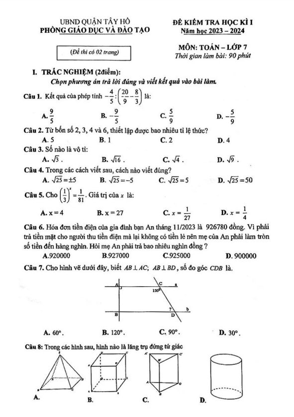 Đề học kì 1 (HK1) lớp 7 môn Toán năm 2023 2024 phòng GD ĐT Tây Hồ Hà Nội