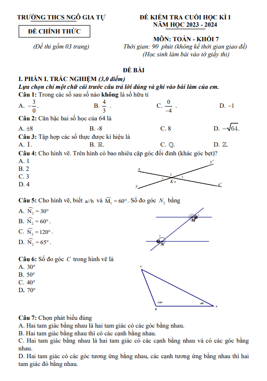 Đề học kì 1 (HK1) lớp 7 môn Toán năm 2023 2024 trường THCS Ngô Gia Tự Hải Phòng