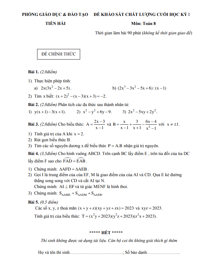 Đề học kì 1 (HK1) lớp 8 môn Toán năm 2022 2023 phòng GD ĐT Tiền Hải Thái Bình