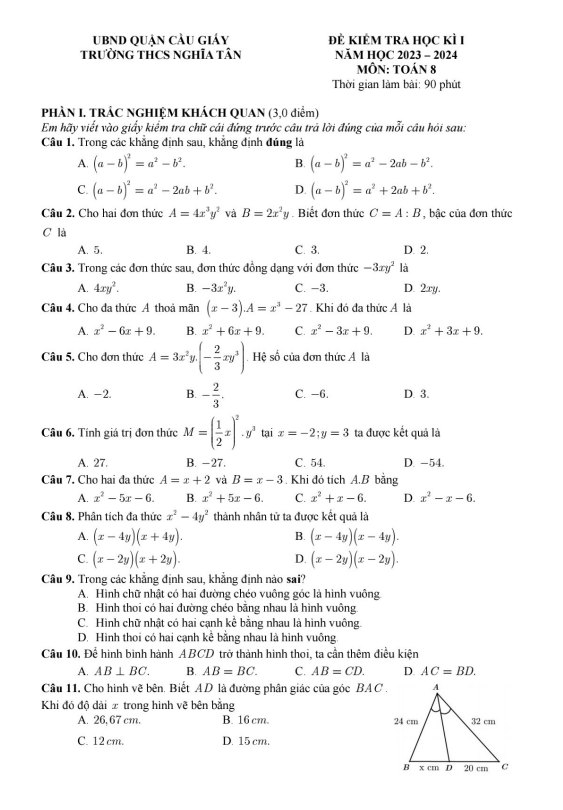 Đề học kì 1 (HK1) lớp 8 môn Toán năm 2023 2024 trường THCS Nghĩa Tân Hà Nội