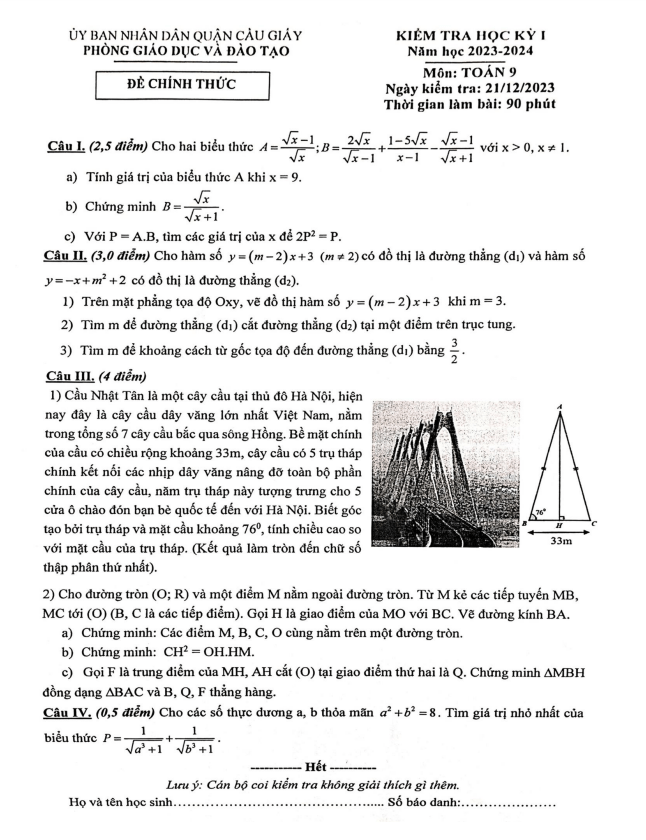Đề học kì 1 (HK1) lớp 9 môn Toán năm 2023 2024 phòng GD ĐT Cầu Giấy Hà Nội