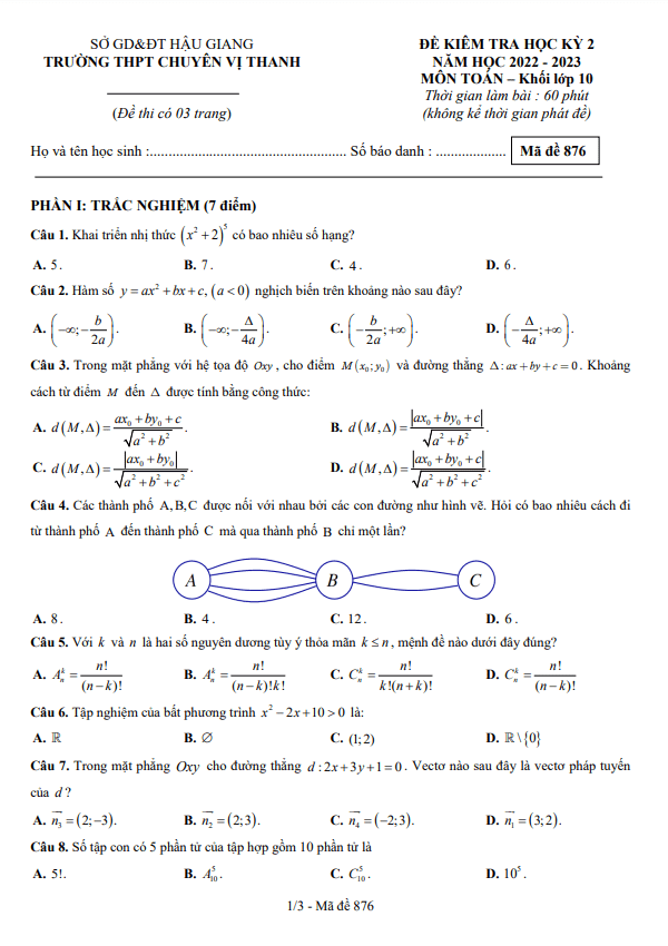 Đề học kì 2 (HK2) lớp 10 môn Toán năm 2022 2023 trường chuyên Vị Thanh Hậu Giang