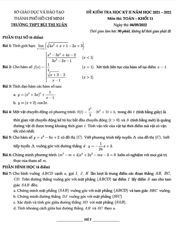 Đề học kì 2 (HK2) lớp 11 môn Toán năm 2021 2022 trường THPT Bùi Thị Xuân TP HCM