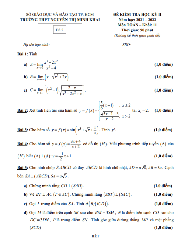 Đề học kì 2 (HK2) lớp 11 môn Toán năm 2021 2022 trường THPT Nguyễn Thị Minh Khai TP HCM