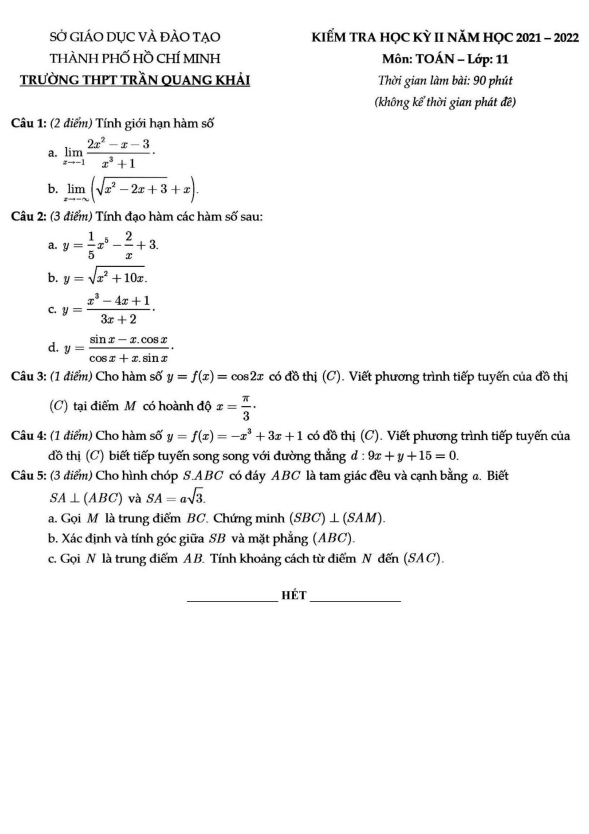 Đề học kì 2 (HK2) lớp 11 môn Toán năm 2021 2022 trường THPT Trần Quang Khải TP HCM